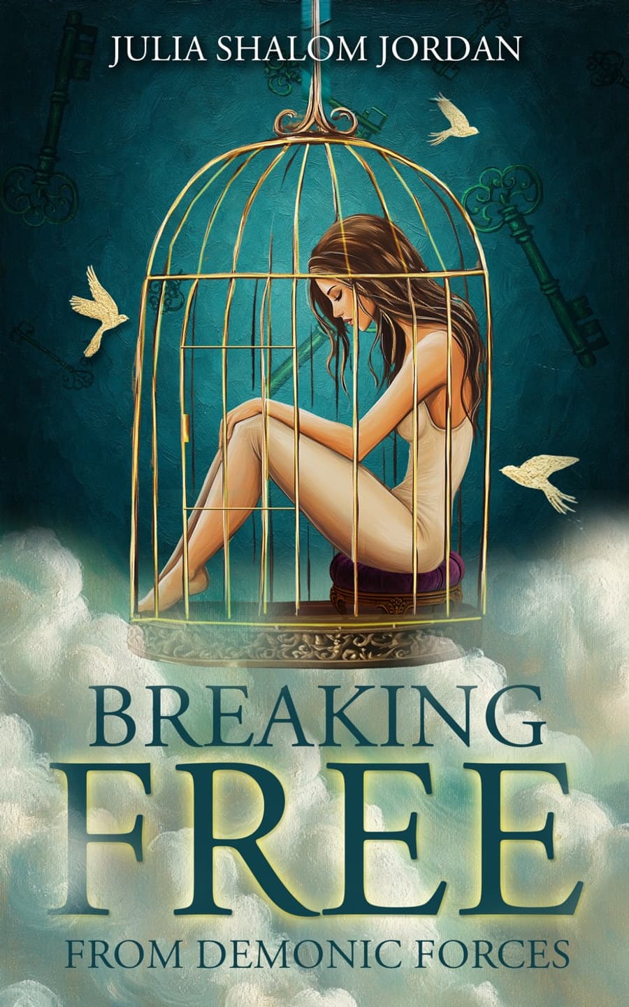 Breaking Free From Demonic Forces by Julia Shalom Jordan — a woman seated inside an open golden birdcage as gilded doves fly free.